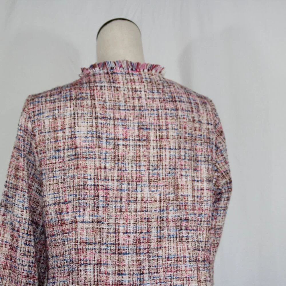 Laundry By Shelli Segal Fringe Pink Tweed Walker Coat Outerwear L Open Blazer - Picture 6 of 9